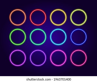 A set of isolated colorful neon frames. Vector illustration of bright multicolored, color spectrum Round frames that glow in the dark with an empty space inside for text for a design template.

