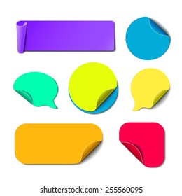 Set of isolated colorful paper stickers. Square, round, rectangle and speech bubbles backgrounds. Vector labels illustration.