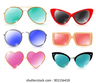 Set isolated colorful realistic sunglasses white background vector illustration