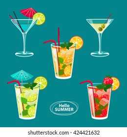 Set of isolated colorful sketch of alcohol cocktails and other drinks. Vector illustration