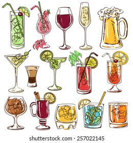 Set of isolated colorful sketch cocktails, beer and wine