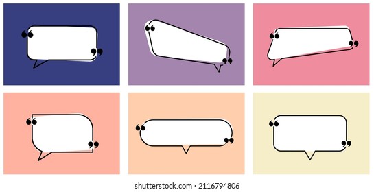 Conjunto de burbujas de voz de color aisladas con comillas de plantillas de formas largas. Ilustración vectorial.