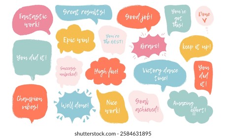 Set isolated colorful speech bubbles with motivational job quotes . Crafted with grunge crayon texture and handwritten typography. Ideal for stickers, office decor or social media post.