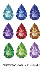 Set of isolated colorful teardrop shaped gemstones