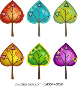 Set of isolated colorful trees. Vector illustration with autumn trees on white background.  Art sketch, doodle style.