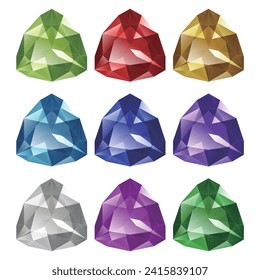 Set of isolated colorful triangular gemstones