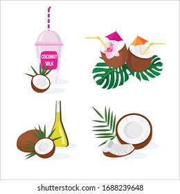 Set of isolated colorful of tropical coconuts cocktails. Vector illustration