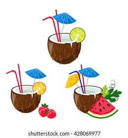 Set of isolated colorful of tropical coconuts cocktails. Vector illustration