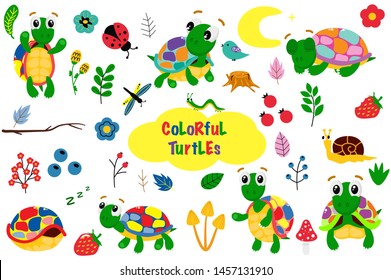 set of isolated colorful turtles - vector illustration, eps