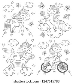 set of isolated coloring cute unicorn  - vector illustration, eps

