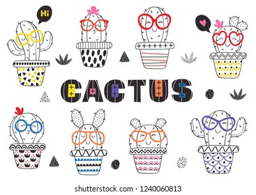 set of isolated coloring funny cactus in glasses - vector illustration, eps
