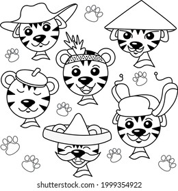 A set of isolated colorless tigers in a sombrero, winter hat, beret, kasa hat, feather headdress