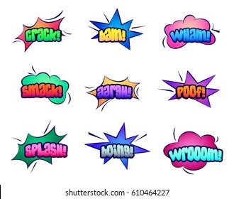 Set of isolated comic bubble speech for book. Cartoon clouds and stars for onomatopoeia like bam and crack, puch and wham, smack and aargh, poof and boing, wroom. Sound and message theme