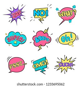 Set of isolated comic speech bubbles on the white background. There are Zap, Super, Omg, Psst, Ouch, Oh, What, No, Boom. Vector illustration.