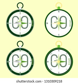 Set of isolated compasses with go green theme on a background