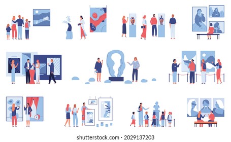 Set with isolated compositions of art gallery museum artwork icons with paintings and characters of people vector illustration