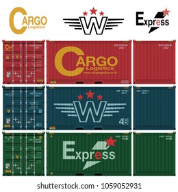 set of isolated container  with logo on transparent background. There are 3 views front,side and back.All logos was  designed by myself. They are not related to any existing company.
