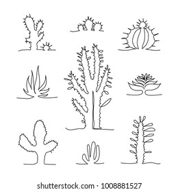 Set of isolated continuous line drawing sketch of cactus. One line drawing house plants. 