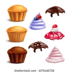 Set of isolated cookies biscuits cupcakes maker constructor realistic 3d elements with images of topping and base vector illustration 