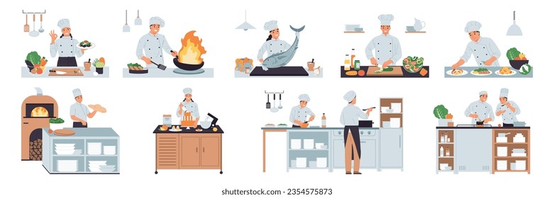 Set with isolated cooks professional compositions with chefs in uniform cooking meals alone and in team vector illustration