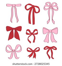 set of isolated coquette red and pink bows 