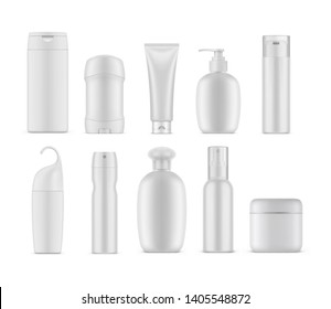 Set of isolated cosmetic or perfume containers. Empty bottles mockup for cream and gel, shampoo and dispenser, spray and lotion. Isolated realistic white jar for beauty, skincare. Packaging, branding