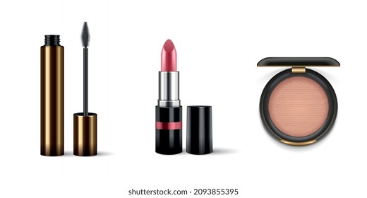 Establecer con composiciones cosméticas aisladas realistas con pintura facial de pincel aplicador y lápiz labial en ilustración vectorial de fondo en blanco