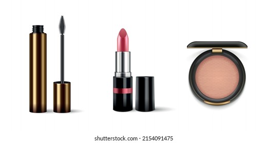 Set with isolated cosmetics realistic compositions with applicator brush face paint and lipstick on blank background vector illustration