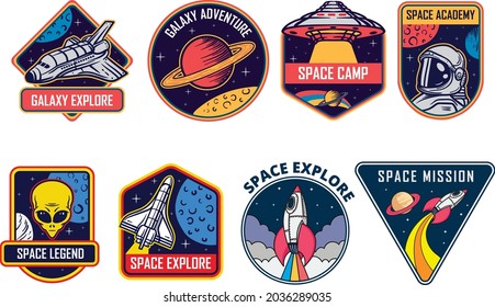 Set of isolated cosmos or universe concept chevron or astronaut patch, galaxy explorer stripe or cosmonaut retro badge. Logo with shuttle and rocket, satellite and solar system. Mars exploration theme