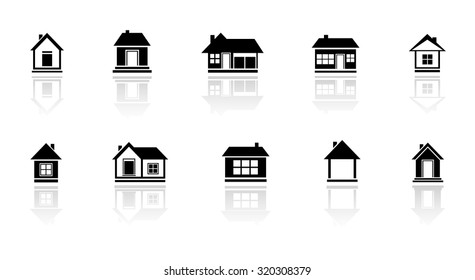 set isolated cottage and home with mirror reflection silhouette