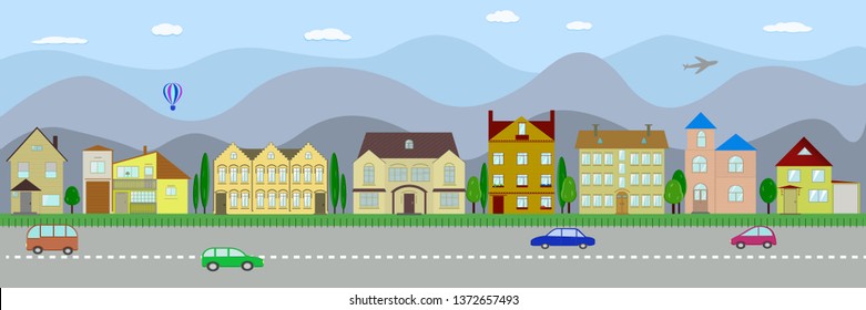 Set of isolated cottage houses flat. Street with cottage houses , trees and transport on the background of the mountains. Vector image