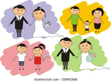 set of isolated couple cartoon, ideal for funny wedding invitation, vector format very easy to edit, individual objects