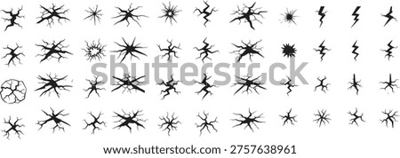 Set of isolated cracks different shapes. Collection of destruction holes. Broken ground, lightning, damage surface element.