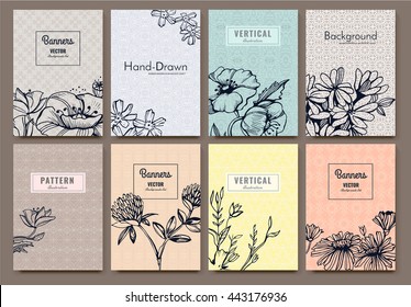 Set of Isolated creative template cards. Hand drawn vintage elements. Vector banners for card, poster, invitation, flyer, party, wedding, brochure. Flower design collection