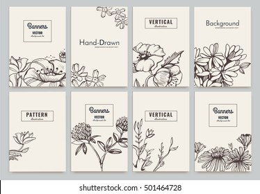 Set of Isolated creative template cards with flowers. Hand drawn vintage elements. Vector banners for card, poster, invitation, flyer, party, wedding, brochure. Flower design collection