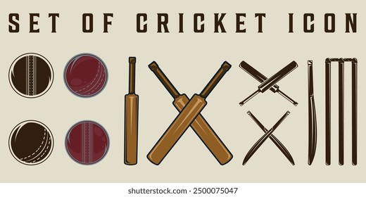 set of isolated cricket icon or symbol vector illustration template graphic design. bundle collection of various sport sign for tournament club league competition concept with vintage and color style