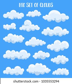 Set of isolated cumulus clouds in sky. Air at summer or spring, heaven cloudscape with fluffy vapor, simple outdoor scenery view. Weather forecast and atmosphere, meteorology and nature theme