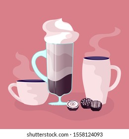 Set of isolated cup of coffee on pink background. Different types of hot drink. Flat Art Vector illustration