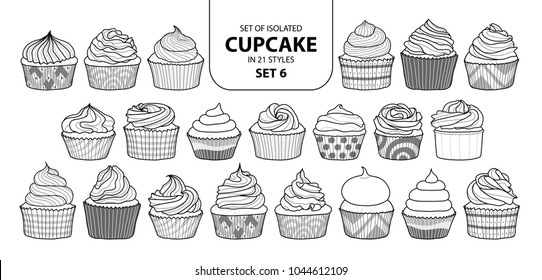 Set of isolated cupcake in 21 styles set 6. Cute hand drawn dessert in black outline and white plane on white background.