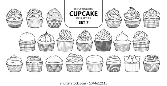 Set of isolated cupcake in 21 styles set 7. Cute hand drawn dessert in black outline and white plane on white background.