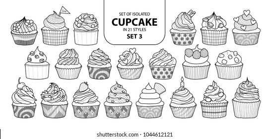 Set of isolated cupcake in 21 styles set 3. Cute hand drawn dessert in black outline and white plane on white background.