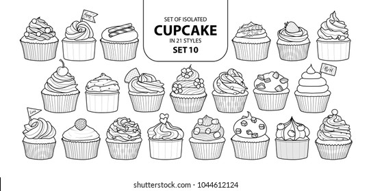 Set of isolated cupcake in 21 styles set 10. Cute hand drawn dessert in black outline and white plane on white background.