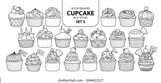 Set of isolated cupcake in 21 styles set 5. Cute hand drawn dessert in black outline and white plane on white background.