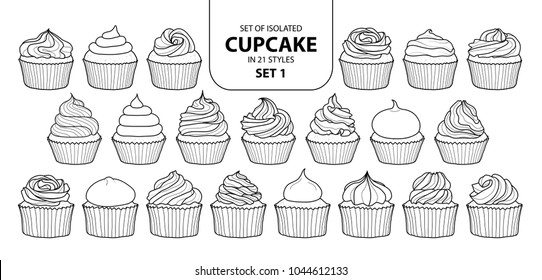 Set of isolated cupcake in 21 styles set 1. Cute hand drawn dessert in black outline and white plane on white background.