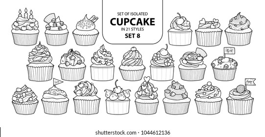 Set of isolated cupcake in 21 styles set 8. Cute hand drawn dessert in black outline and white plane on white background.