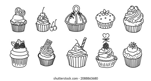 Set of isolated cupcake. Sweet cute hand drawn outline dessert in black outline and white. Vector illustration