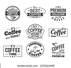 Set of isolated cups with coffee beans. Logo for shop or insignia for store, logotype for bistro and sticker for cafeteria menu, restaurant label for premium NY coffee house. Vintage or retro banner