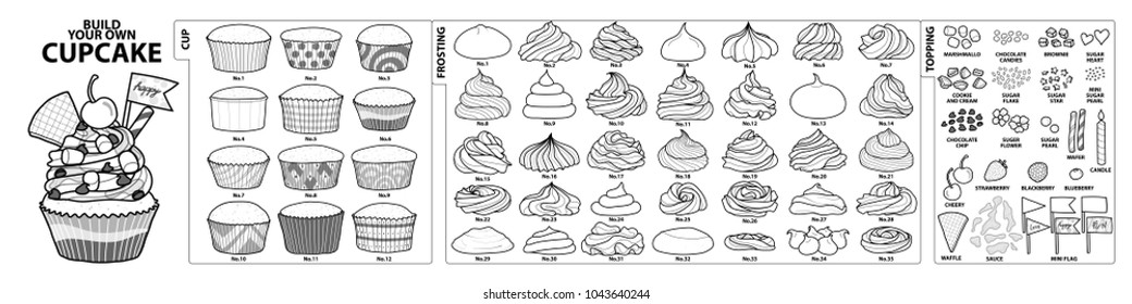 Set of isolated cups, frosting and toppings for build your own cupcake. Cute hand drawn style in black outline and white plane on white background.