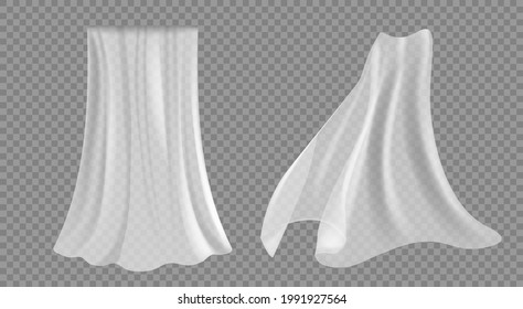 Set of isolated curtain, tulle on transparent. White curtains, transparent tulle for a door or window opening.