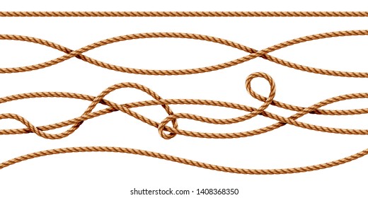 Set of isolated curvy 3d ropes. Straight and tied up sailor strings. Realistic marine cord or retro, vintage navy thread. Twisted hemp or jute nautical line with knot, intertwined loop. Whipcord